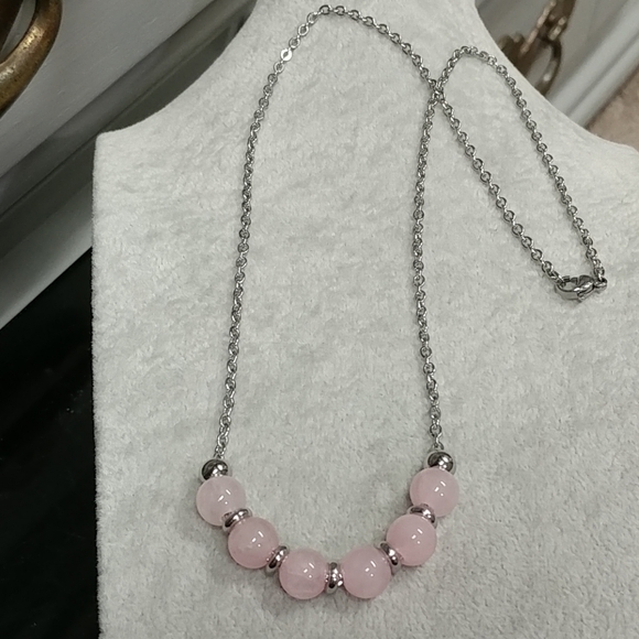 Rose Quartz Bead Necklace Natural Gemstone Crystal Stainless-Steel Chain 20" - Picture 9 of 13
